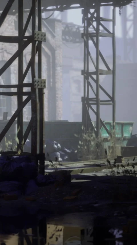 Abandoned industrial site with structures and debris in gray light Stock Footage 332205662