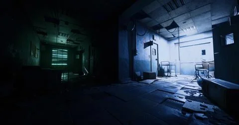 Abandoned interior showcasing dramatic lighting with contrasting shadows Illustrazione stock