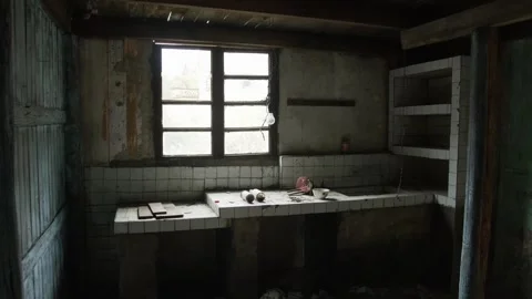 Abandoned Kitchen Interior with Hanging Bulb and Tiled Counter Stock-Footage 335462555