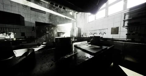 Abandoned kitchen with strong light and shadows highlighting details Stock Illustration