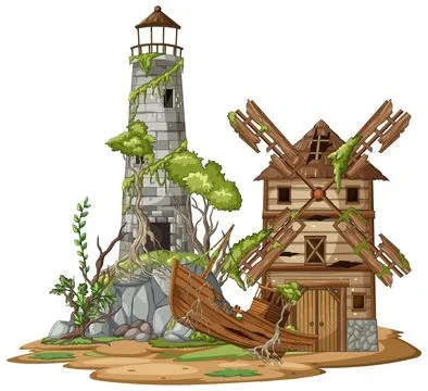 Abandoned Lighthouse and Windmill with Old Wooden Boat Ilustración de archivo