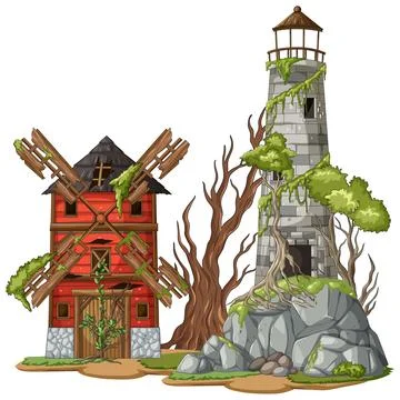 Abandoned Lighthouse and Windmill in Overgrown Fantasy Landscape Illustrazione stock