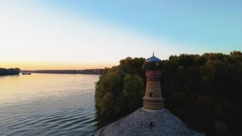 Abandoned Lighthouse on Danube River Sunset - Mystical Landscape Pancevo Serbia Stock Footage 330495996