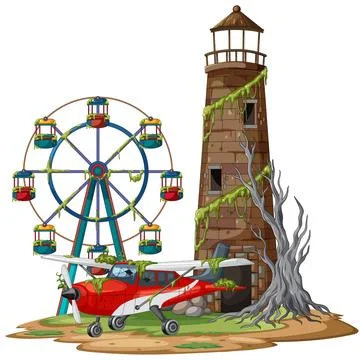 Abandoned Lighthouse with Ferris Wheel and Old Airplane Illustration Stock Illustration