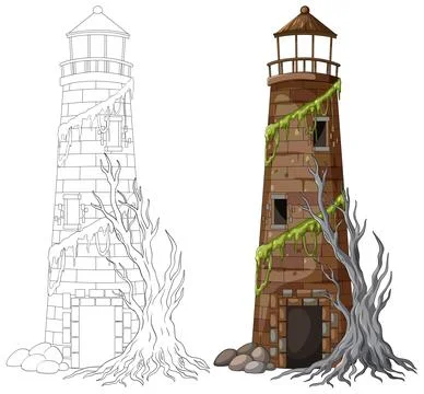 Abandoned Lighthouse Tower with Creeping Roots and Vines Stock Illustration
