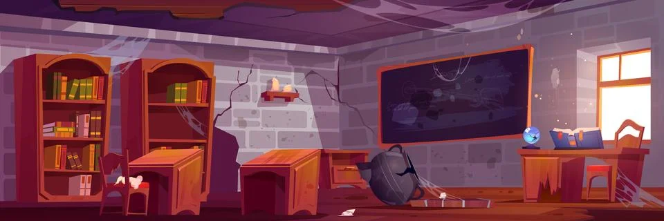 Abandoned magic school, empty classroom interior 스톡 일러스트