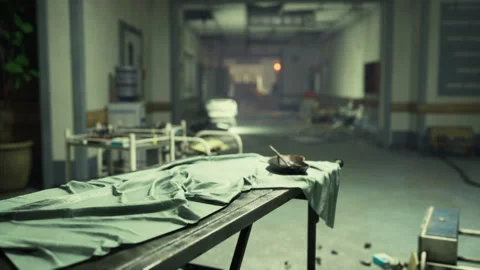 Abandoned medical hallway. Empty corridor with neglected medical supplies Stock Footage 339793454