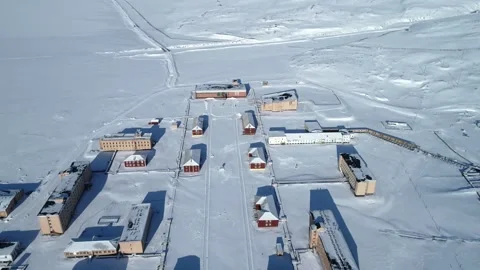 Abandoned Mining Settlement Aerial View Drone Shot in Snowy Mountains Vídeo Stock 338265452