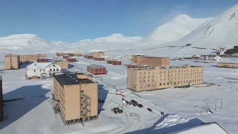 Abandoned Mining Town in Snow with Drone Aerial View 4k Stock Footage 338265423
