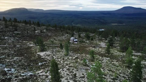 Abandoned Mountain Cabin at Sunset in Swedish Wilderness Aerial View Stock Footage 294863575