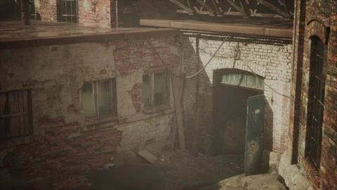 Abandoned multi-story red brick factory buildings Ilustración de archivo