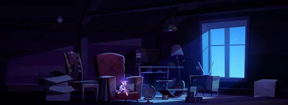 Abandoned night attic with ghost boy, spooky scene Stock Illustration