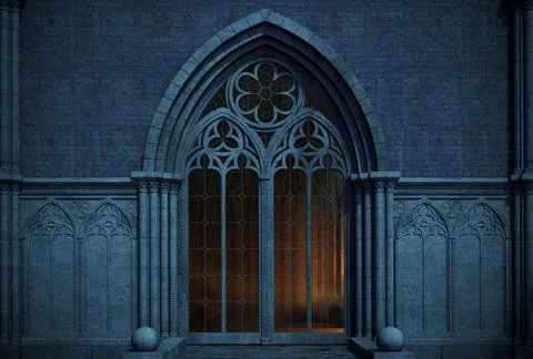 Abandoned night castle with a large gothic window or crypt Stock-Illustration