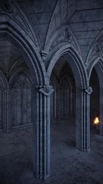 Abandoned night castle with a large gothic window or crypt Stock Illustration
