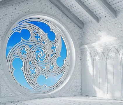 Abandoned night castle with a large gothic window or crypt Stock Illustration