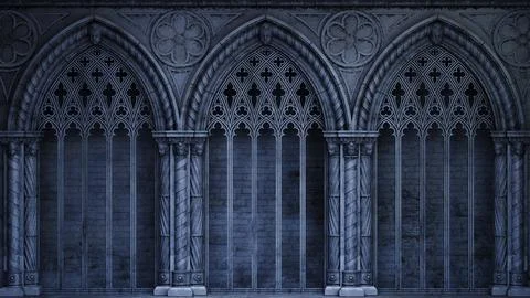 Abandoned night castle with a large gothic window or crypt Stock Illustration