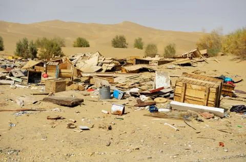Abandoned objects, trash in Chinese desert in Xinjiang province Stock Photos
