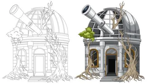 Abandoned Observatory Dome Overtaken by Tree Roots Stock Illustration