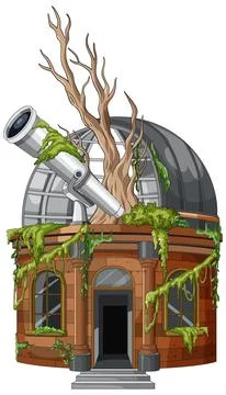 Abandoned Observatory Overgrown with Tree and Moss Vines Illustrazione stock