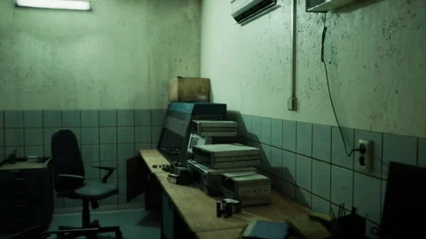 Abandoned office space with outdated technology in a dimly lit room Stock Footage 304466919