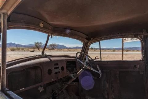 Abandoned old car interior in Namibia desert. place known as solitaire. Stock Photos