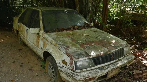 Abandoned old car in the jungle Stock Footage 48668077