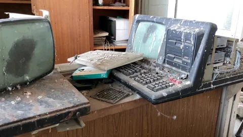 Abandoned Old Computers in Dusty Warehouse Stock Footage 281520421