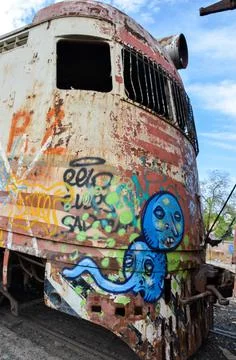 Abandoned old train with rust and graffitis Stock-Fotos
