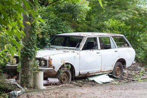 Abandoned old white car Stock Photos