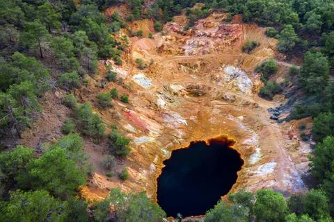 Abandoned open pit copper mine near Mathiatis, Cyprus. Aerial view on acidic Stock Photos