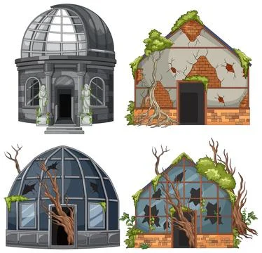 Abandoned Overgrown Buildings Vector Set with Broken Windows イラスト素材
