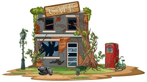 Abandoned Overgrown Cafe with Broken Windows and Old Gas Pump Ilustración de archivo