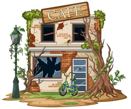 Abandoned Overgrown Cafe with Broken Windows and Bicycle Ilustración de archivo