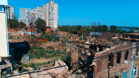 Abandoned partially destroyed brick burned down houses in the quarter city Stock Footage 119528490