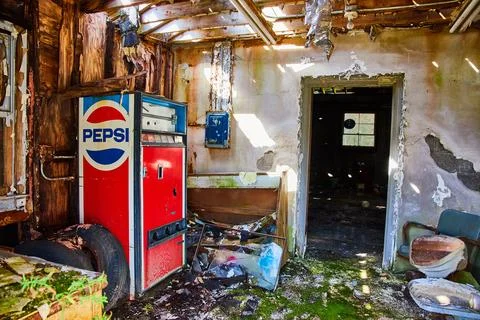 Abandoned Pepsi vending machine in front entrance of abandoned building Stock-Fotos