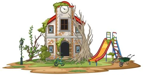 Abandoned Playground and Overgrown Clock Tower Building Illustration Stock Illustration
