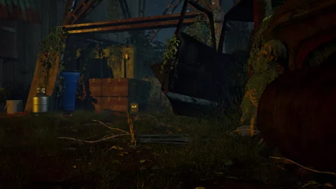 An abandoned post-apocalyptic camp at night, with a skeleton Video stock 304304797