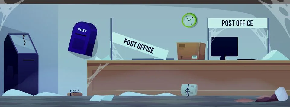 Abandoned post office interior flat vector, scattered boxes and parcels, damaged Illustrazione stock