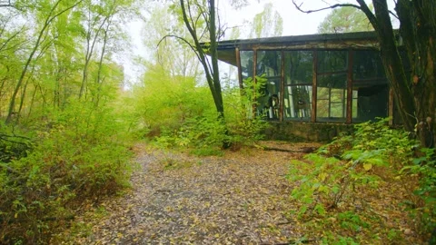 Abandoned Pripyat Cafe and River Port in Chernobyl Exclusion Zone, Ukraine Stock Footage 316980145