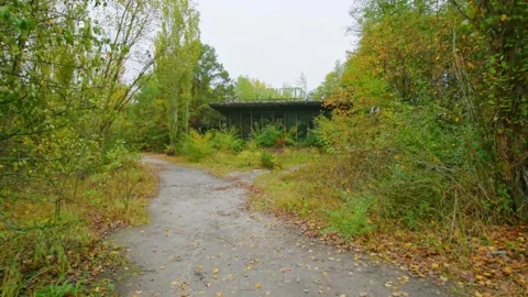 Abandoned Pripyat Cafe and River Port, Chernobyl Exclusion Zone, Ukraine Stock Footage 316983086