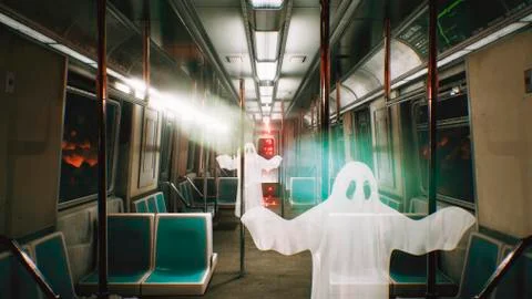 Abandoned railway horror train with ghosts. Horror and post apocalyptic scene Stock Illustration