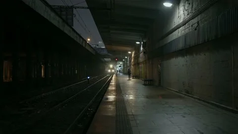 Abandoned railway / subway platform. Gotham city mood. Cinematic style Cyberpunk Stock Footage 220102079