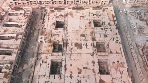 Abandoned Rectangular Complex Drone Top-Down, Grid Roof Openings Stockbeeldmateriaal 323915468