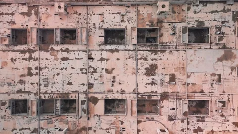 Abandoned Rectangular Complex Top-Down Drone, Grid Roof Voids, Stock Footage 323921778