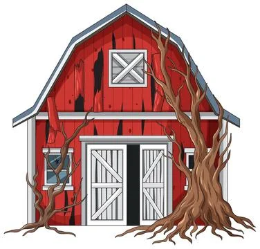 Abandoned Red Barn with Dead Trees in Front Stock Illustration
