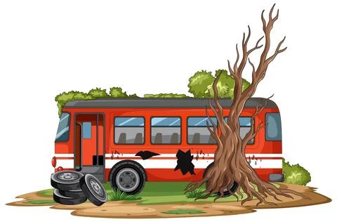 Abandoned Red Bus Beside Dead Tree in Nature Stockillustratie