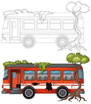 Abandoned Red Bus Overgrown With Tree and Vines Stock Illustration