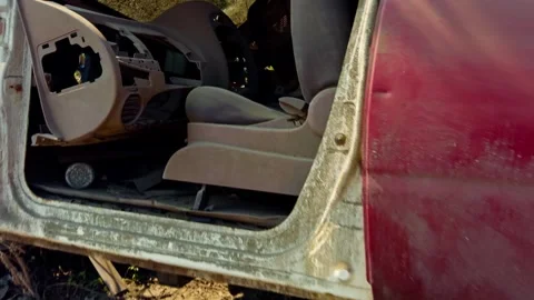 Abandoned red car with damaged paint and broken windows overgrown with vege.. Stock Footage 265206151