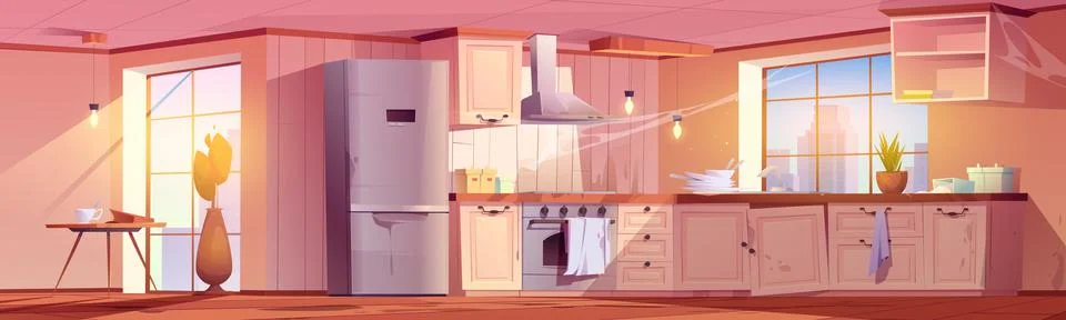 Abandoned retro kitchen, empty decrepit interior Stock Illustration