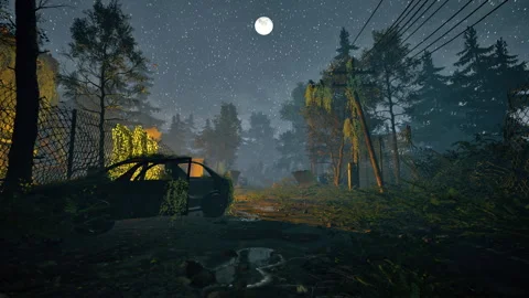 An abandoned road under the moonlight, lined with rusted cars and fences Stock Footage 304304715